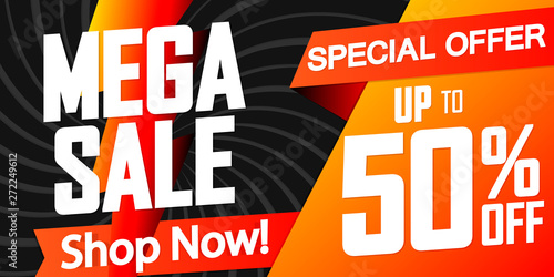 Mega Sale, up to 50% off, horizontal poster design template, special offer, discount web banner, end of season, vector illustration