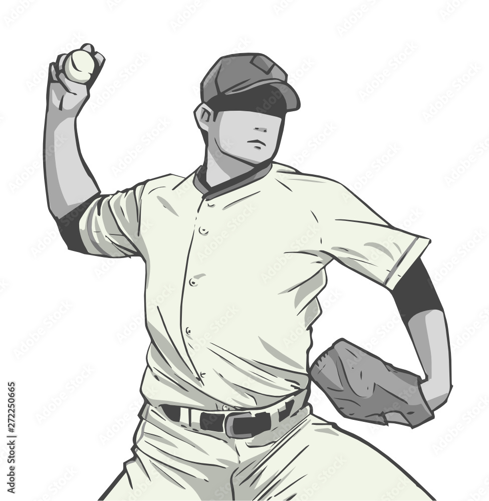 Illustration of baseball player throwing ball during game