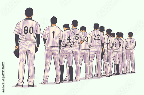 Illustration of baseball team standing in line at beginning of game