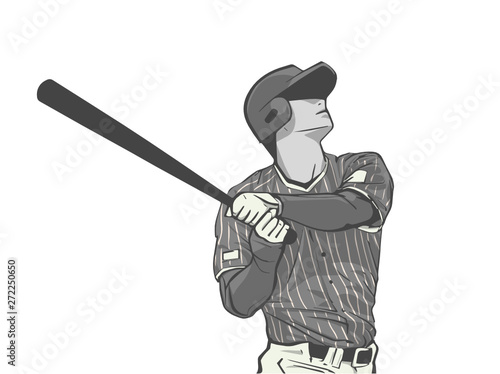 Illustration of baseball player striking with bat during game