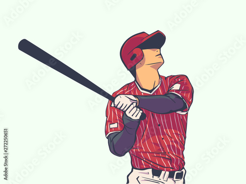 Illustration of baseball player striking with bat during game