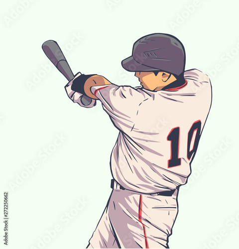 Illustration of baseball player striking with bat during game