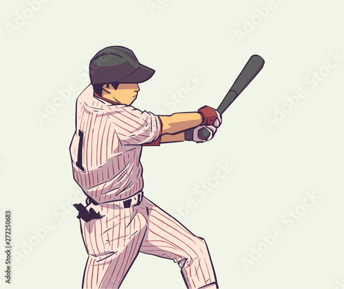 Illustration of baseball player striking with bat during game