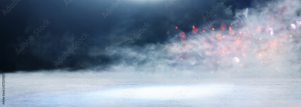 abstract dark concentrate floor scene with mist or fog, spotlight, glitter for display - obrazy, fototapety, plakaty 