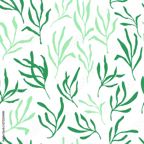Fototapeta Naklejka Na Ścianę i Meble -  Estragon or tarragon seamless pattern therapeutic green leaf branch. Isolated rosemary vector illustration.