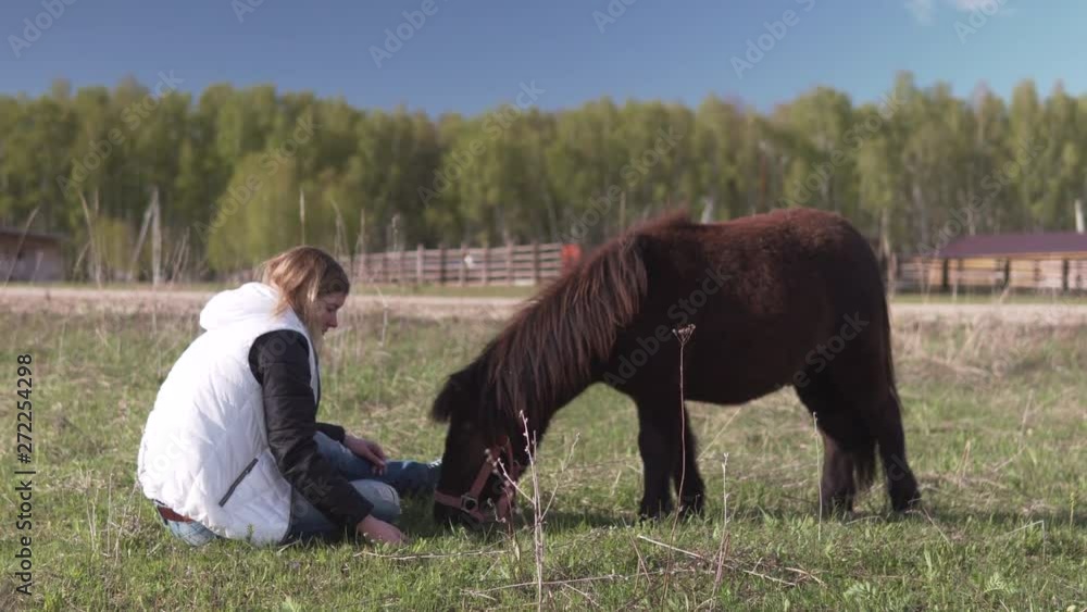 Young woman and brown pony are on a meadow. Ranch and forest on a background Young woman and brown pony are on a meadow. Ranch and forest on a background