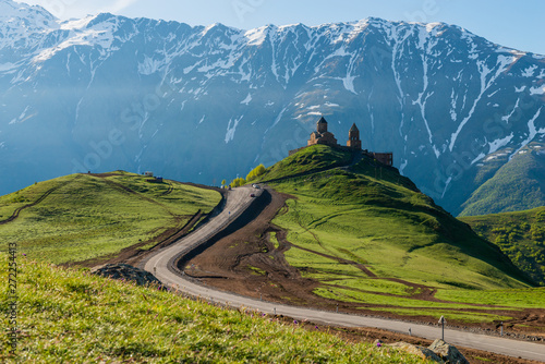 Church of the Holy Trinity in the mountains of Georgia, Stepantsminda and Mount Kazbek