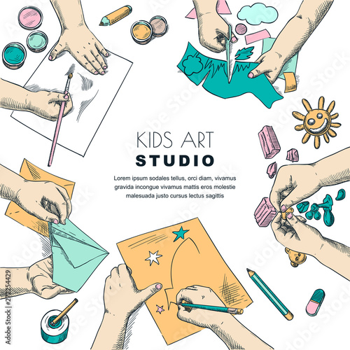 Kids art class work process. Vector sketch illustration of painting, drawing children. Craft and creativity concept.