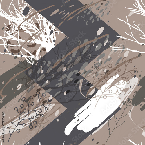 Military camouflage texture with trees, branches, grass and watercolor stains. Vector illustration. Camouflage military background in modern style.