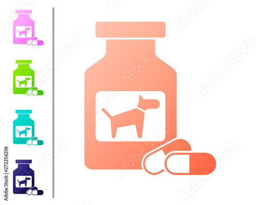 Coral Dog medicine bottle and pills icon isolated on white background. Container with pills. Prescription medicine for animal. Set color icons. Vector Illustration