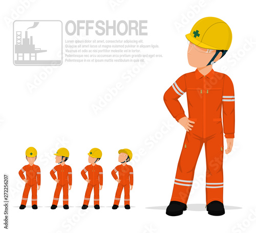 Offshore worker in jumpsuit are posing akimbo on transparent background.