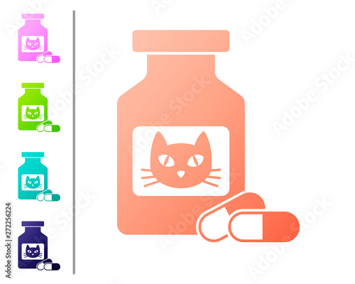 Coral Cat medicine bottle and pills icon isolated on white background. Container with pills. Prescription medicine for animal. Set color icons. Vector Illustration