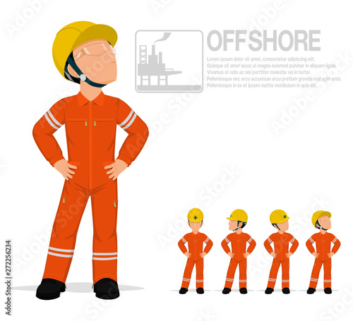 Offshore worker in jumpsuit are posing akimbo on transparent background.