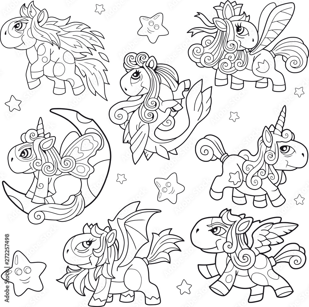 cartoon cute little pony coloring book funny illustration Stock Vector