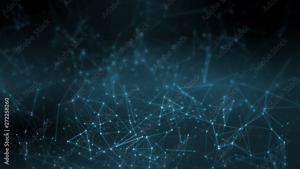 3D Rendering of Abstract polygonal space low poly network nodes with connected dots and lines on dark blur blue tone background. Concept for digital technology, telecom, big data, ai, block chain