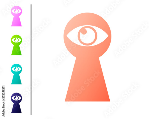Coral Keyhole with eye icon isolated on white background. The eye looks into the keyhole. Keyhole eye hole. Set color icons. Vector Illustration