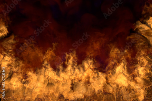 Flames from both picture corners and bottom - fire 3D illustration of flaming fire, half frame with scary dark smoke isolated on black background