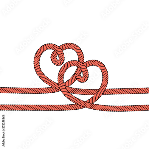 Two red hearts with rope on white like love symbol, stock vector illustration