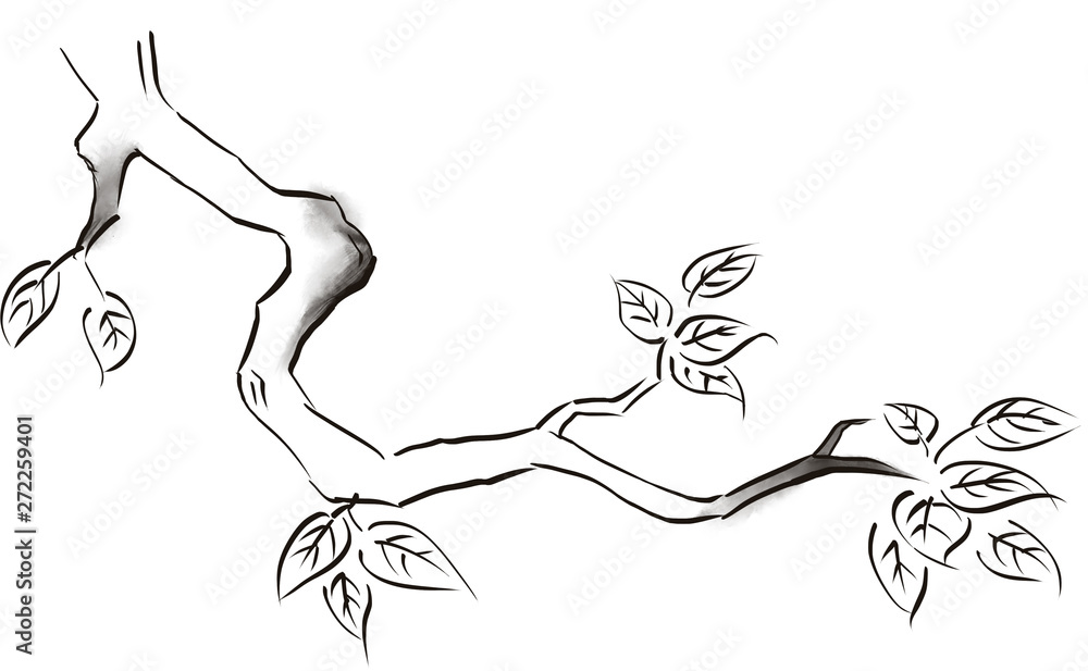 Fototapeta premium Imitation of ink painted branches in black and white with leaves