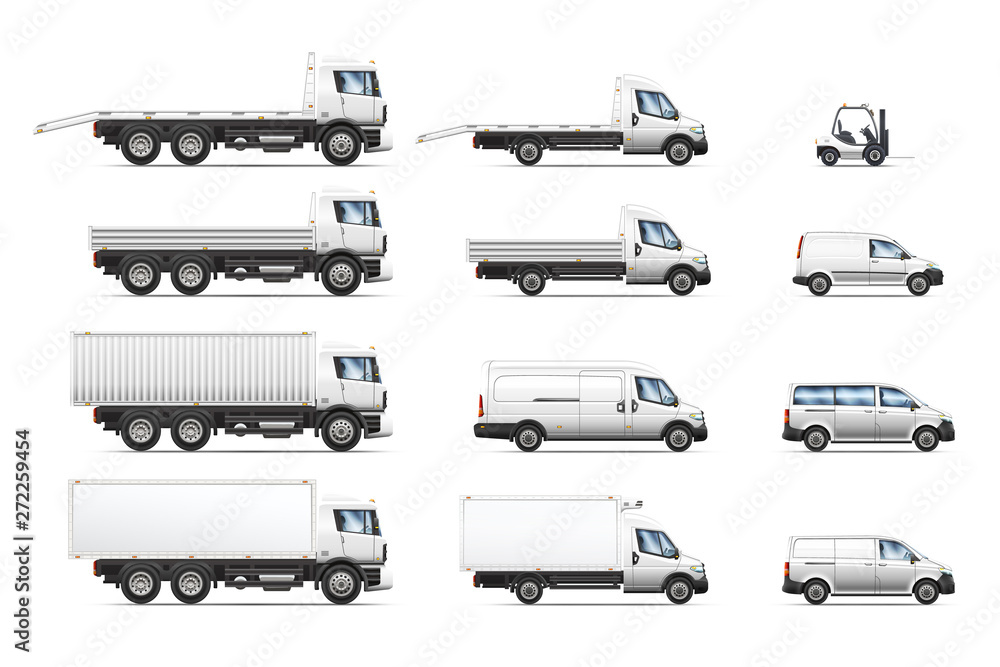 Vector illustrations set of commercial transportation trucks.