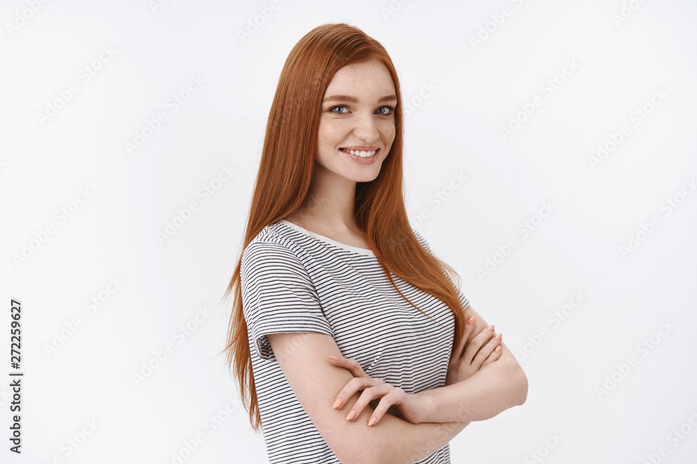Girl professional ready tackle mission. Confident upbeat energized redhead female student blue eyes hold hands crossed turn face camera standing profile smiling self-assured, white background Girl professional ready tackle mission. Confident upbeat energized redhead female student blue eyes hold hands crossed turn face camera standing profile smiling self-assured, white background
