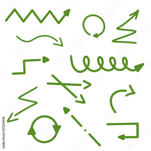 Arrows. Hand Drawn Green Arrow Set Collection Vector Illustration Eps 10. Hand-drawn lines arrows in khaki color isolated on white background. For business, education, web mobile application, web site