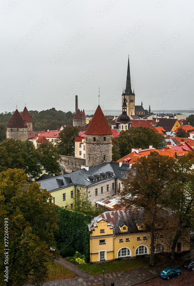 Tallinn city wall and St. Olaf's Church view. Aerial view of Tallinn skyline, Estonia