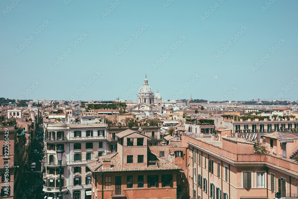 Panoramic view of city Rome with old houses from the Spanish steps