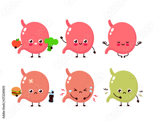 Cute stomach set. Healthy and unhealthy organ