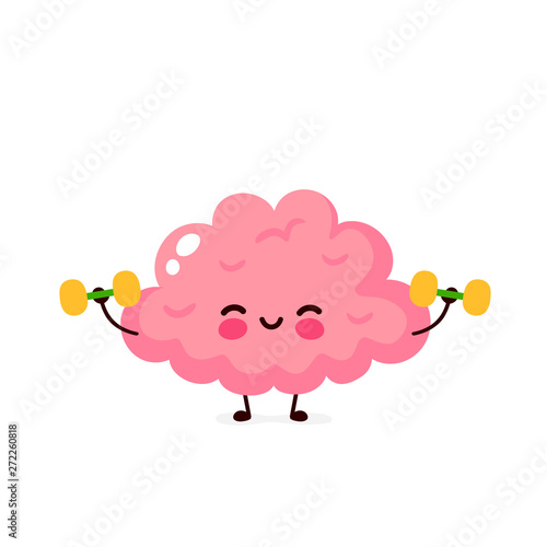 Cute happy smiling brain doing exercises