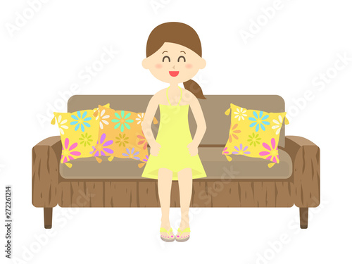 リゾートソファに座る女性のイラスト