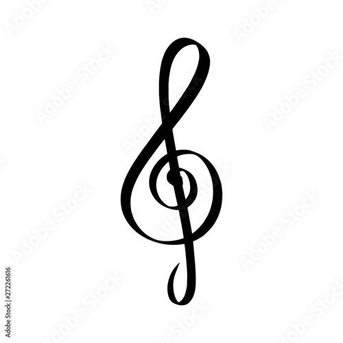 Black Treble Clef Musical Note Logo. Hand drawn musician silhouette. Music key icon. G-Clef monochrome flat symbol isolated on white background. Abstract karaoke sign element illustration vector.