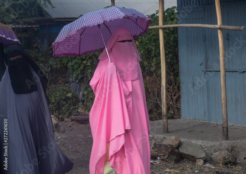 Oromo woman wearing a pink burqa in the market, Amhara region, Senbete, Ethiopia photo