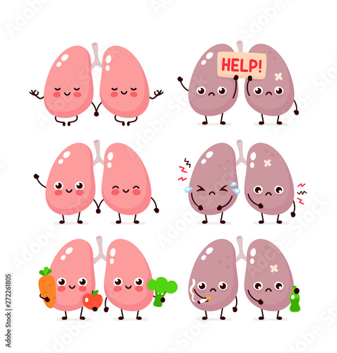 Cute lungs set. Healthy and unhealthy human organ