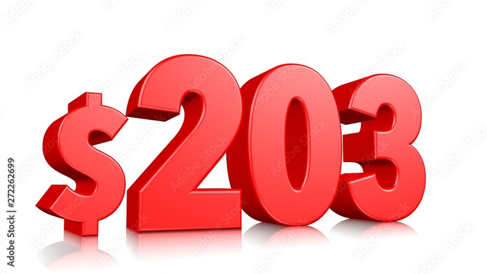 203$ Two hundred three price symbol. red text number 3d render with dollar sign on white background 203$ Two hundred three price symbol. red text number 3d render with dollar sign on white background