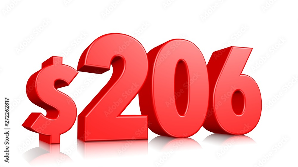 206$ Two hundred six price symbol. red text number 3d render with dollar sign on white background 206$ Two hundred six price symbol. red text number 3d render with dollar sign on white background