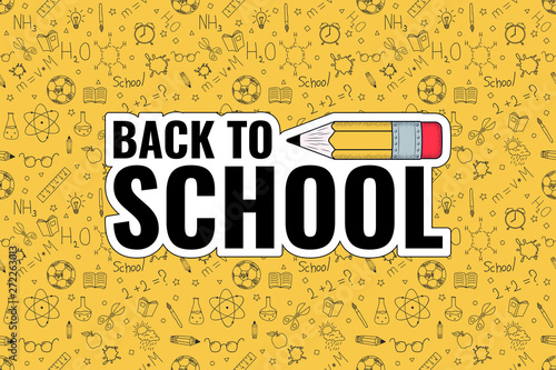 Back to school. Back to school logo on doodles background. Vector illustration