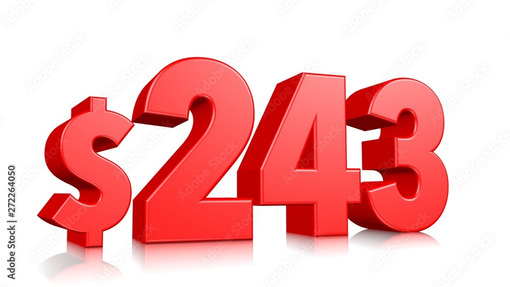 243$ Two hundred and forty three price symbol. red text number 3d render with dollar sign on white background 243$ Two hundred and forty three price symbol. red text number 3d render with dollar sign on white background