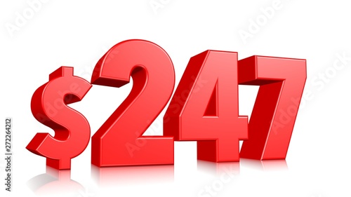 247$ Two hundred and forty seven price symbol. red text number 3d render with dollar sign on white background