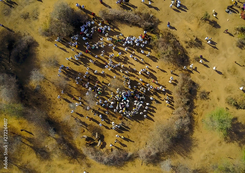 Aerial view of the slaughter of a bull during the gada system ceremony in borana tribe, Oromia, Yabelo, Ethiopia photo