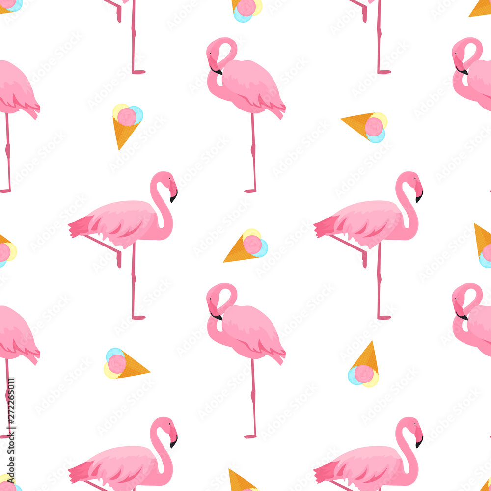 Obraz premium Flamingo and ice-cream. Summer tropical seamless pattern. Used for design surfaces, fabrics, textiles, packaging paper, wallpaper
