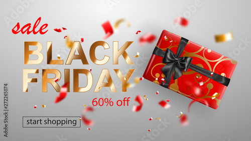 Black Friday sale banner. Gift box with bow and ribbons. Flying shiny blurry red and yellow confetti and pieces of serpentine on white background. Vector illustration for posters, flyers or cards.