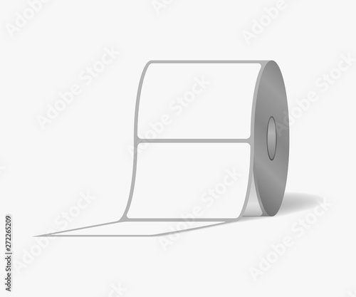 Label sticker roll. Blank adhesive labels on bobbin, vector mock-up