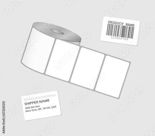 Label sticker roll. Blank adhesive labels on bobbin. Paper stickers for marking and identification