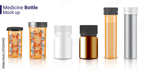 Bottle 3D Mock up Realistic Medicine transparent Amber Packaging for Capsule and vitamin pill. Healthy Product on white Background Illustration
