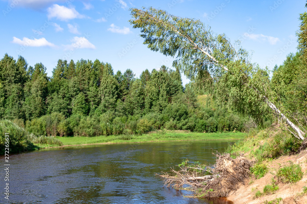 summer river shore landscape. Sandy beach on banks, green grass and trees, blue river and cloudy sky