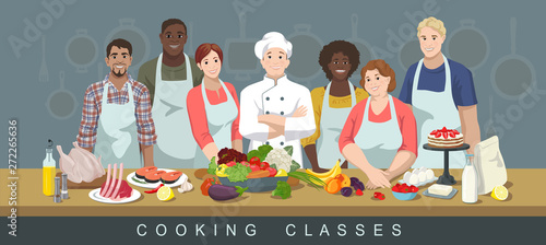 Cooking classes concept. Chef and African American, European and Indian adult men and women students. Lots of variety of products in the foreground. Cook training courses. Vector illustration. photo