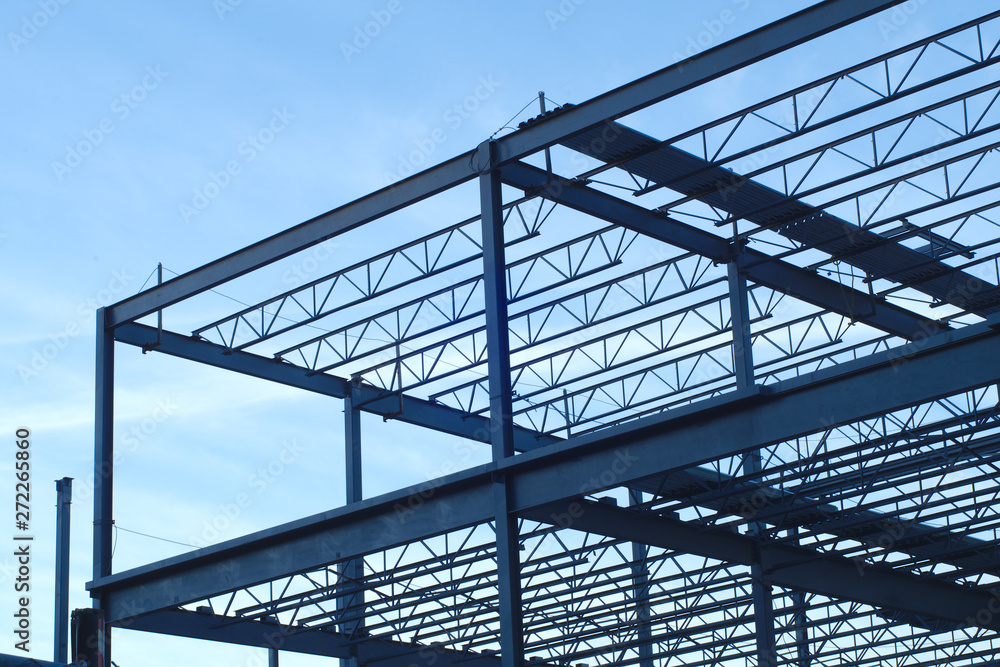 construction site building metal structure beams frame - obrazy, fototapety, plakaty 