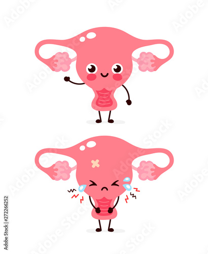 Cute sad unhealthy sick and strong healthy uterus photo