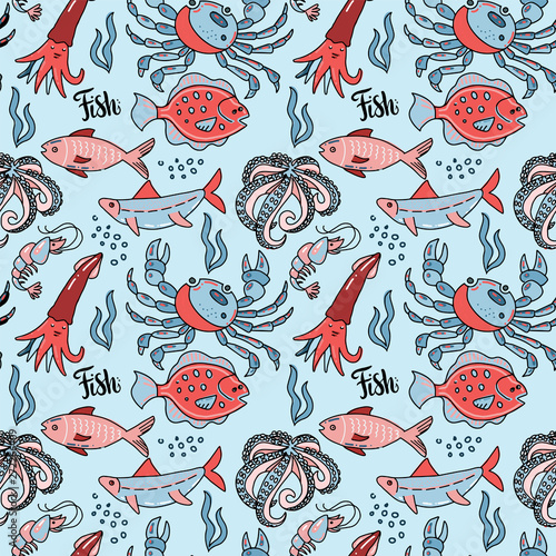 sea food seamless patern with hand drawn doodle illusration in scandinavian style. Print isolated in vlue background. Many marine inhabitants - fishes, octopus, crab, squid